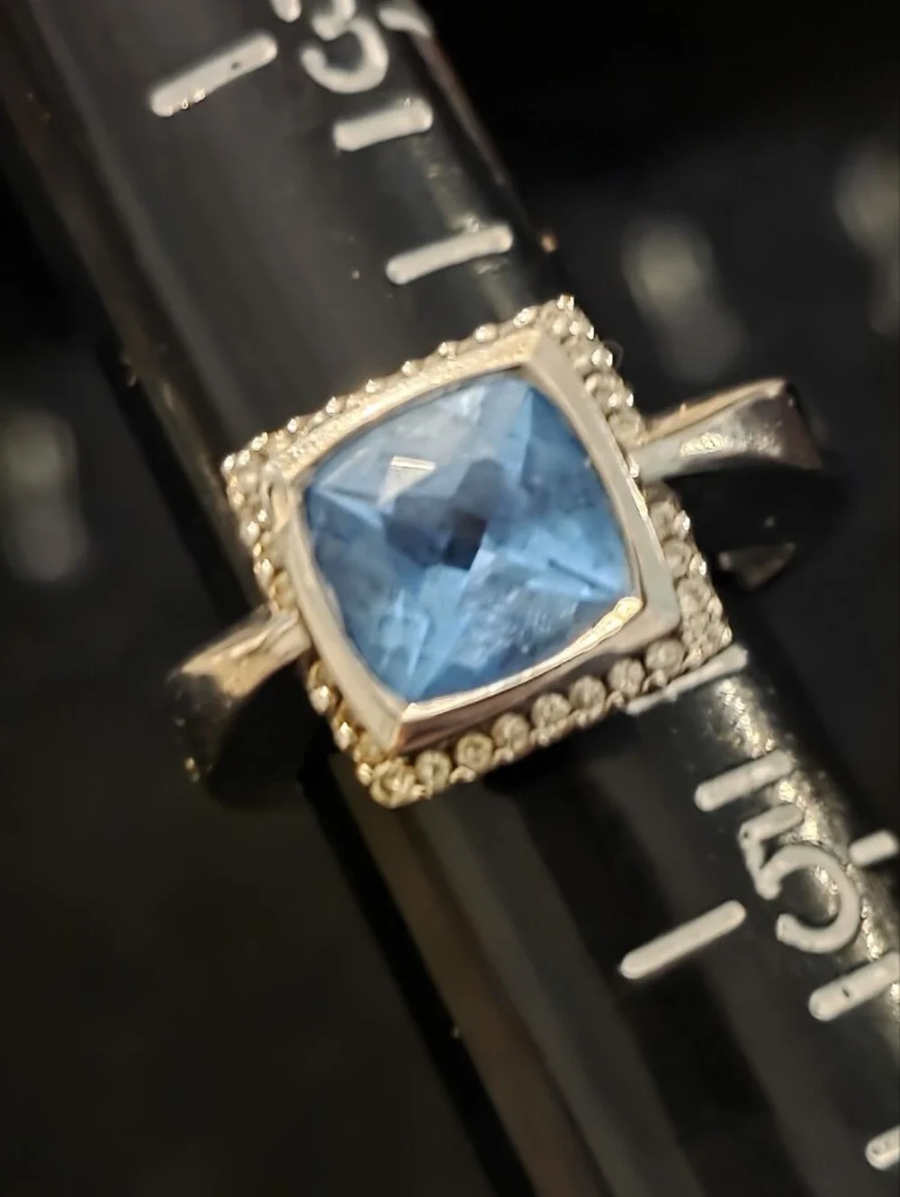 Blue Topaz Cushion-Cut Halo Ring